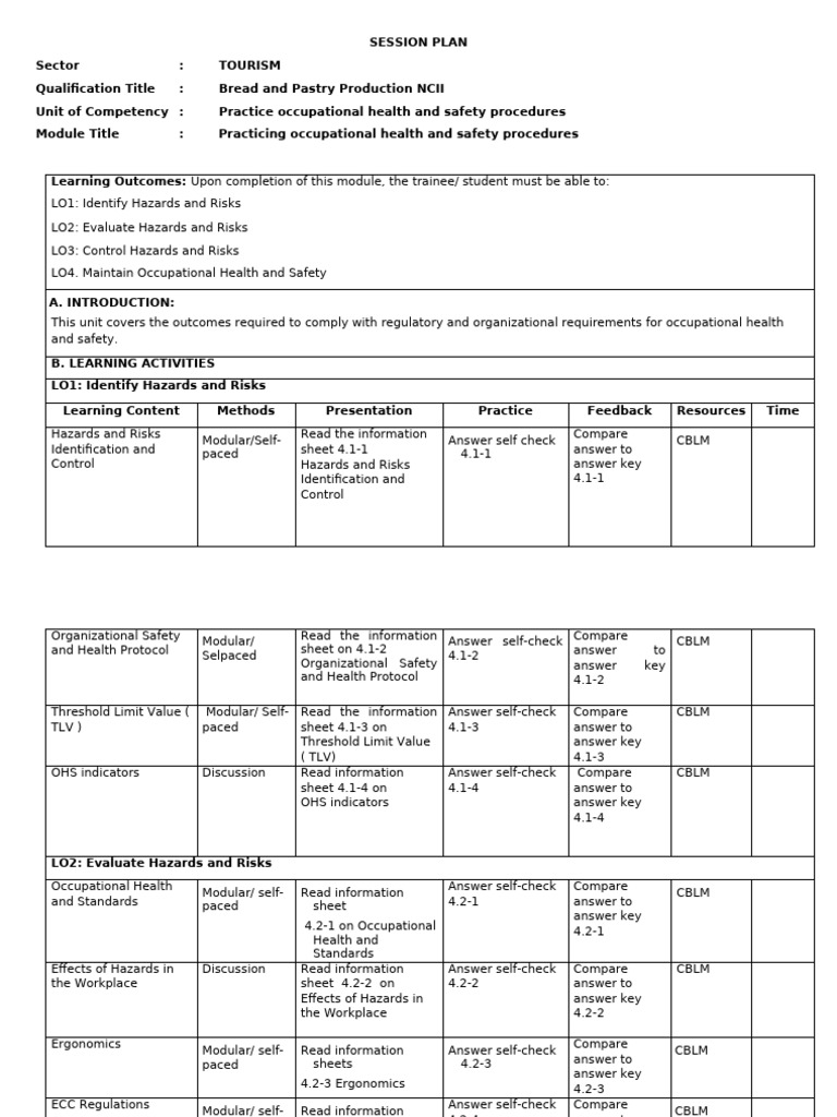 SESSION PLAN - UC3 Practice Occupational Health and Safety Practices | PDF