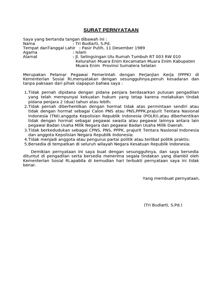 Surat Pernyataan 5 Point Kemensos PDF