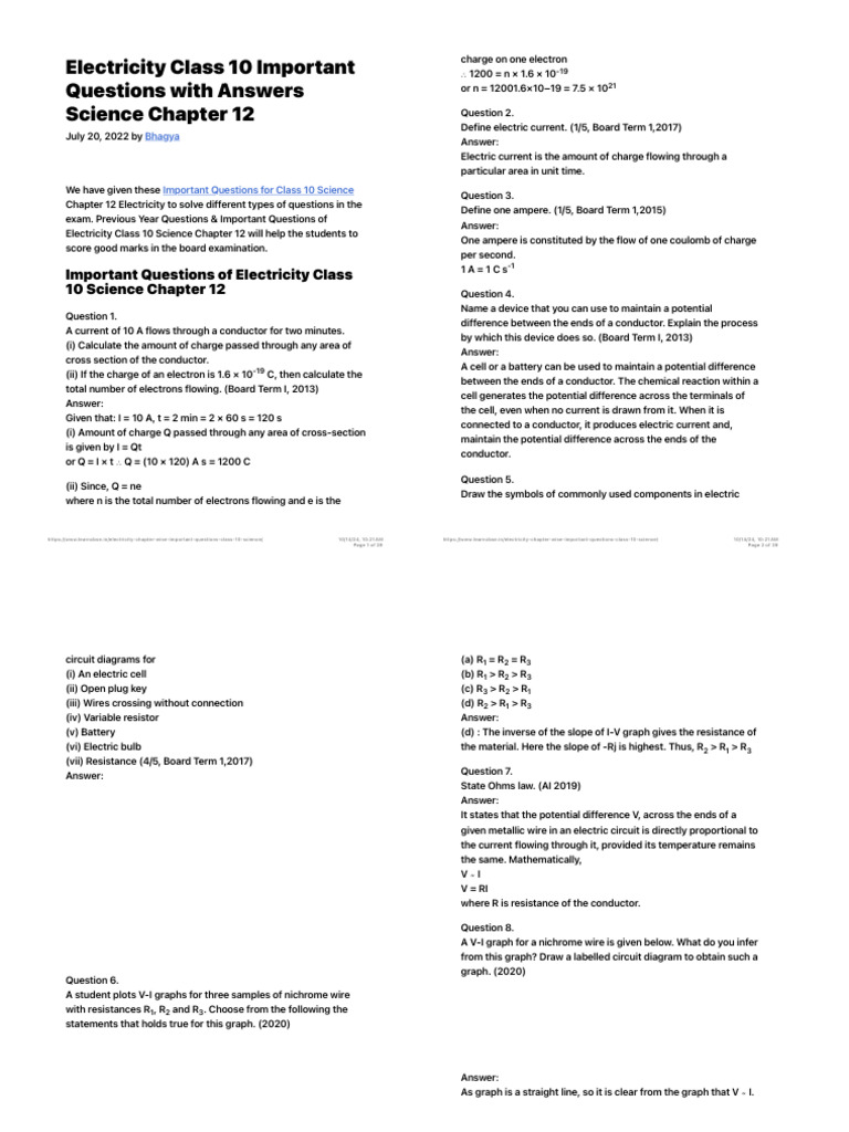 Electricity Class 10 Important Questions With Answers Science Chapter ...