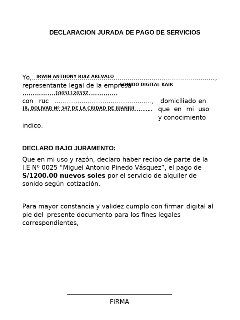 Declaracion Jurada de Cumplimiento de Servicio | PDF