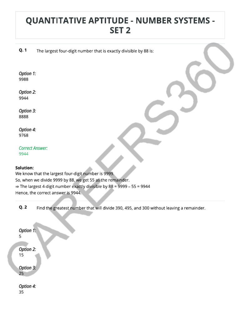 QUANTITATIVE APTITUDE - NUMBER SYSTEMS - SET 2 Watermark | PDF