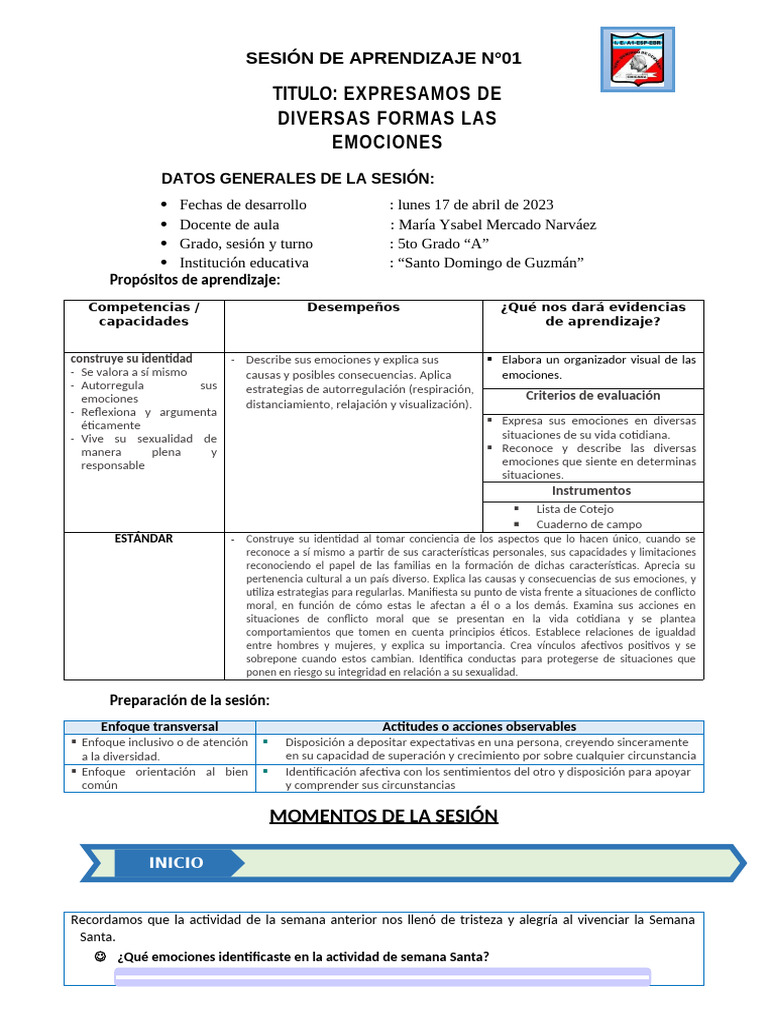 Sesión de Aprendizaje Nro 1 - Personal Social | PDF