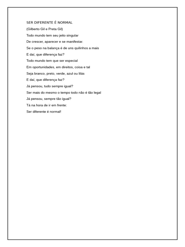 Letra Da Música - Ser Diferente É Normal | PDF