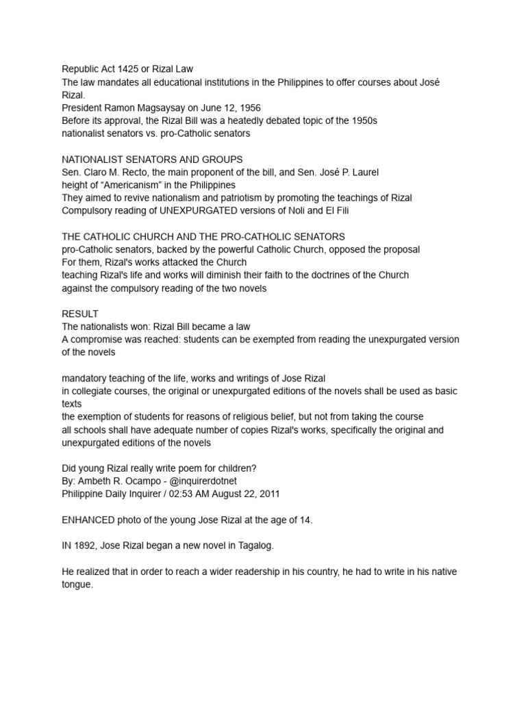 Republic Act 1425 or Rizal Law | PDF