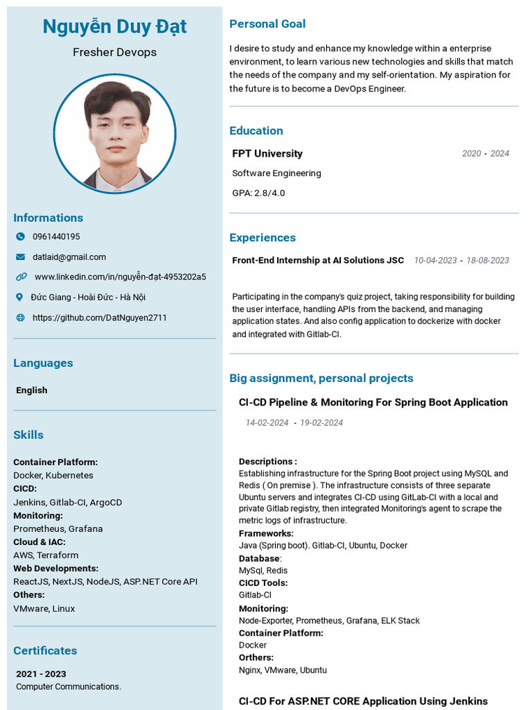 CV Nguyễn Duy Đạt - CV Devops-TopCV.vn | PDF