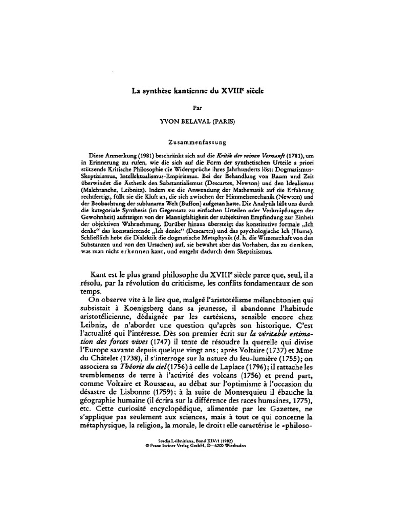 Belaval La Synthèse Kantienne Du XVIIIe S Studia Leibnitiana 1982 | PDF