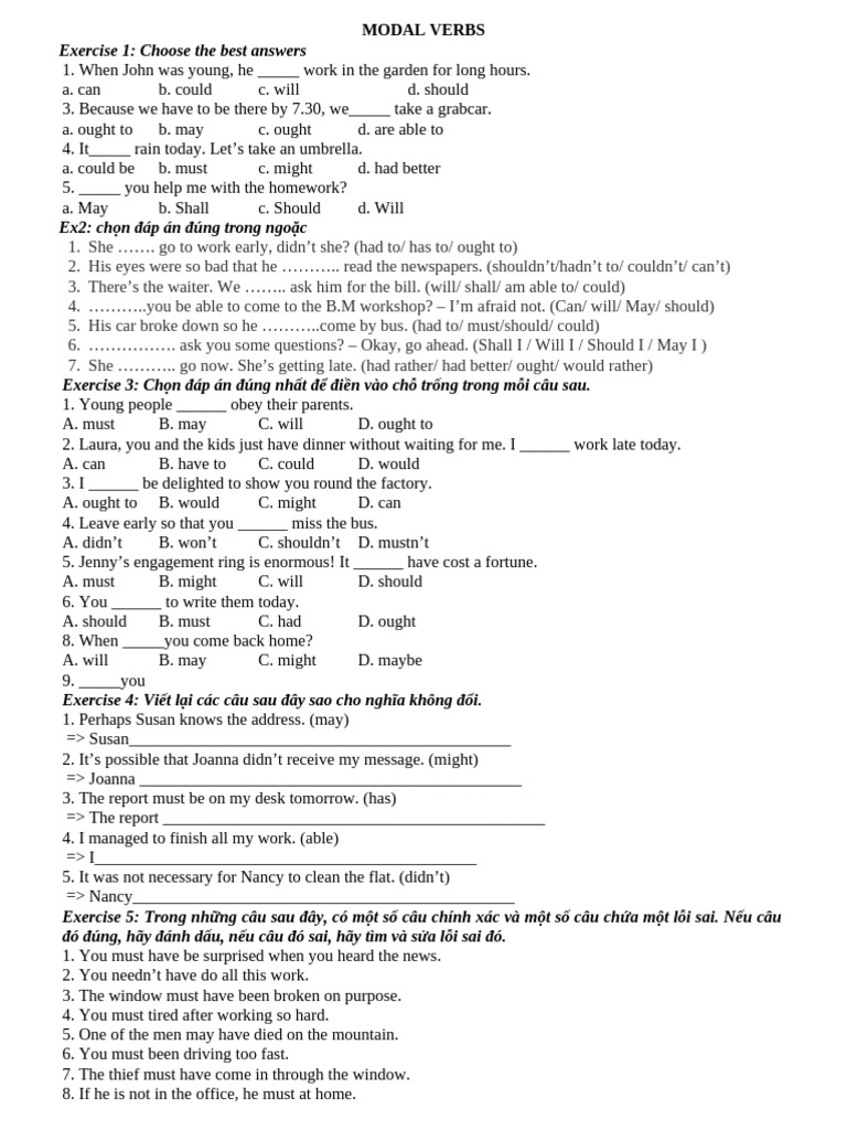 Modal Verbs Exercises Pdf
