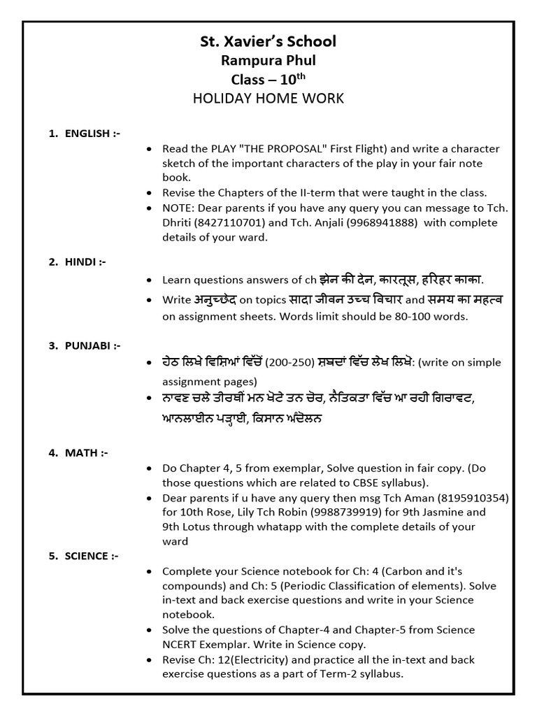 Holidays Homework Pdf