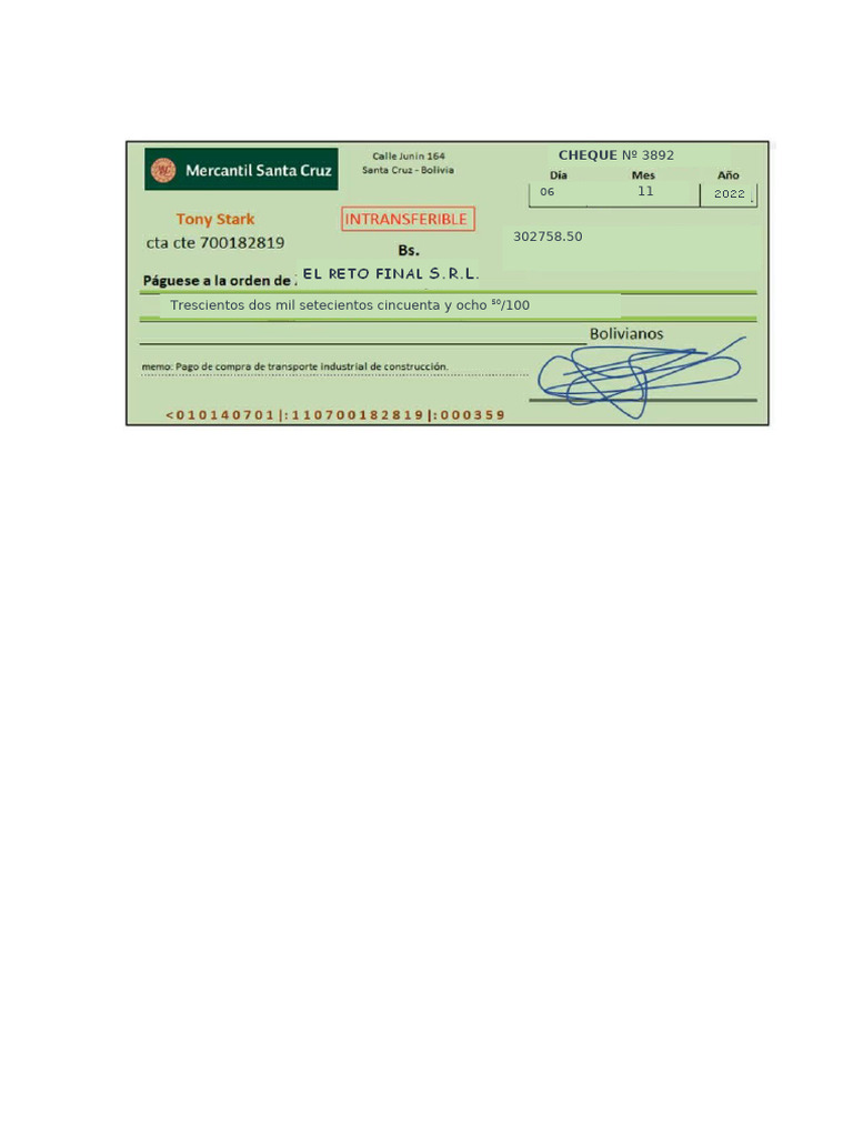 1º Venta Cheque Bco. Mercantil Santa Cruz | PDF