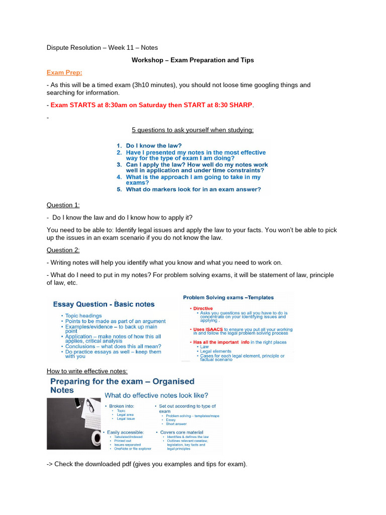 Dispute Resolution - Exam Tips and Preparation Notes (Week 11) | PDF