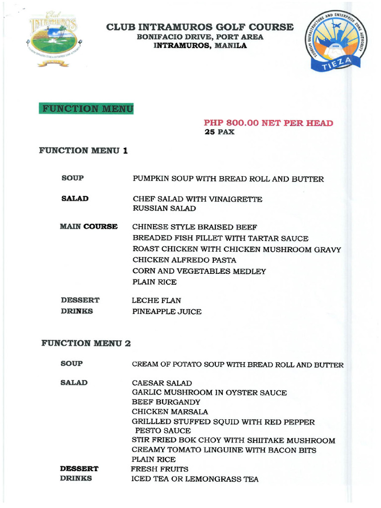 Function Menu 800 Per Head | PDF