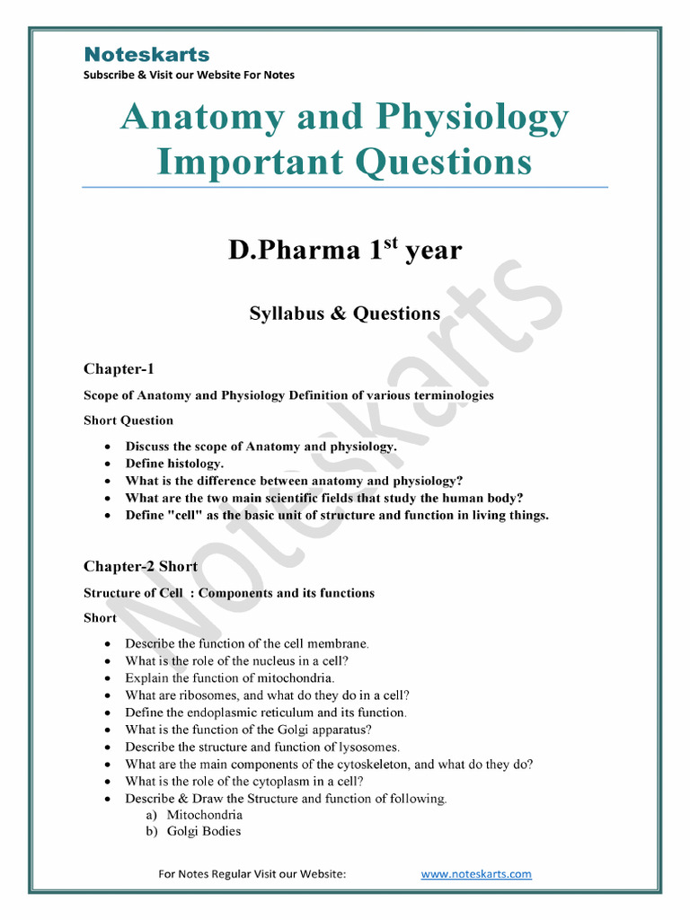 Human Anatomy and Physiology Most Important Questions Hap D Pharma 1st ...