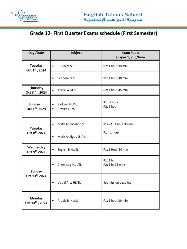 Grade 12 - Term 1-First Quarter Exams Schedule With Material | PDF
