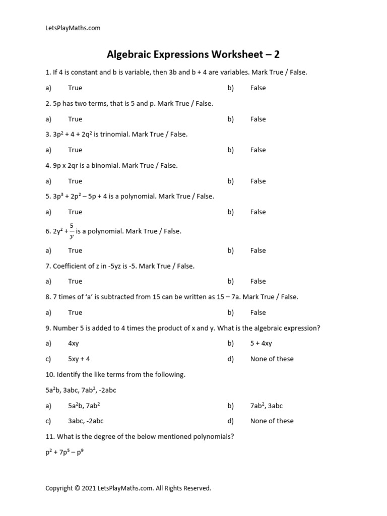Algebraic Expressions Worksheet-2 | PDF
