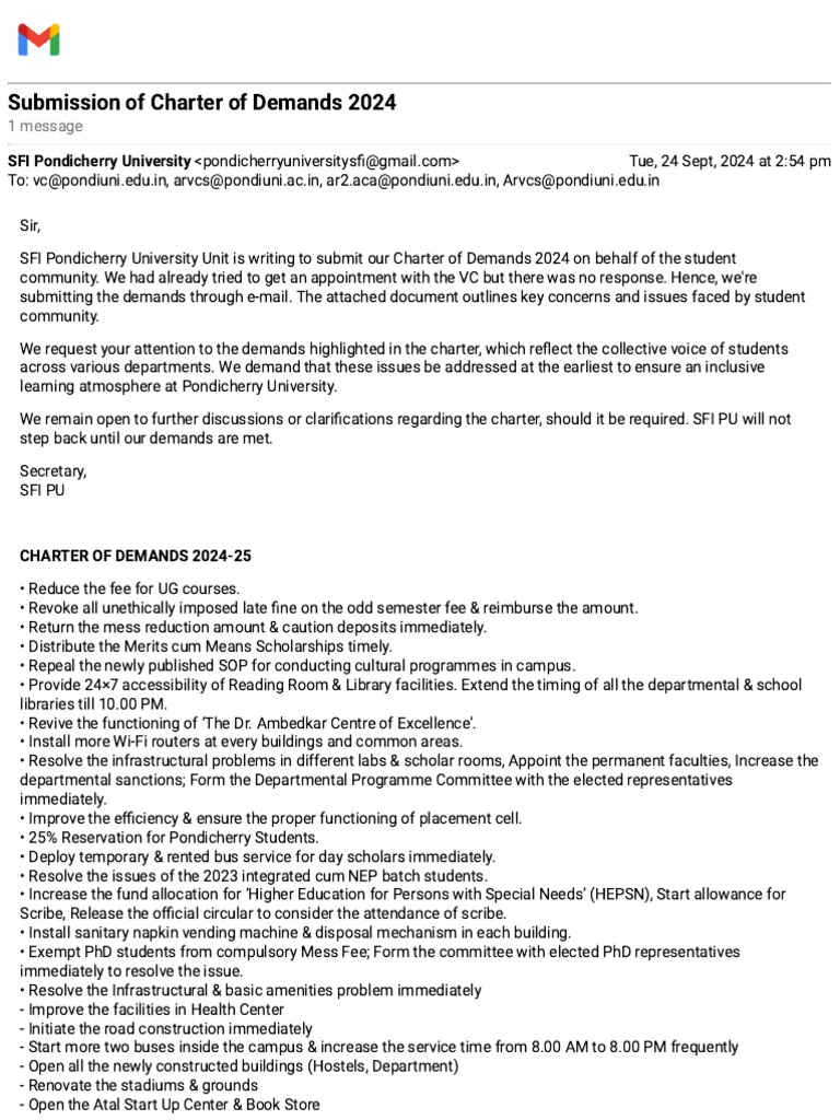 Gmail - Submission of Charter of Demands 2024 | PDF