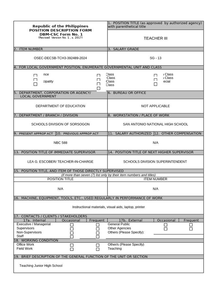 DBM CSC Form No. 1 Position Description Forms | PDF