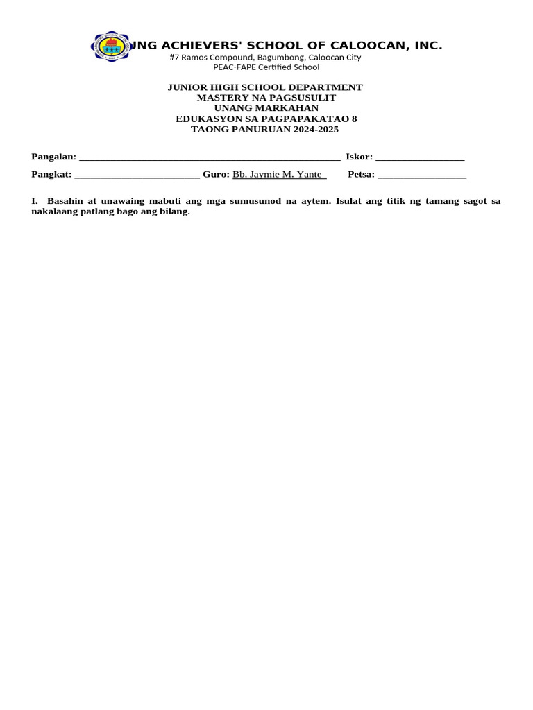 Mastery test filipino format pdf