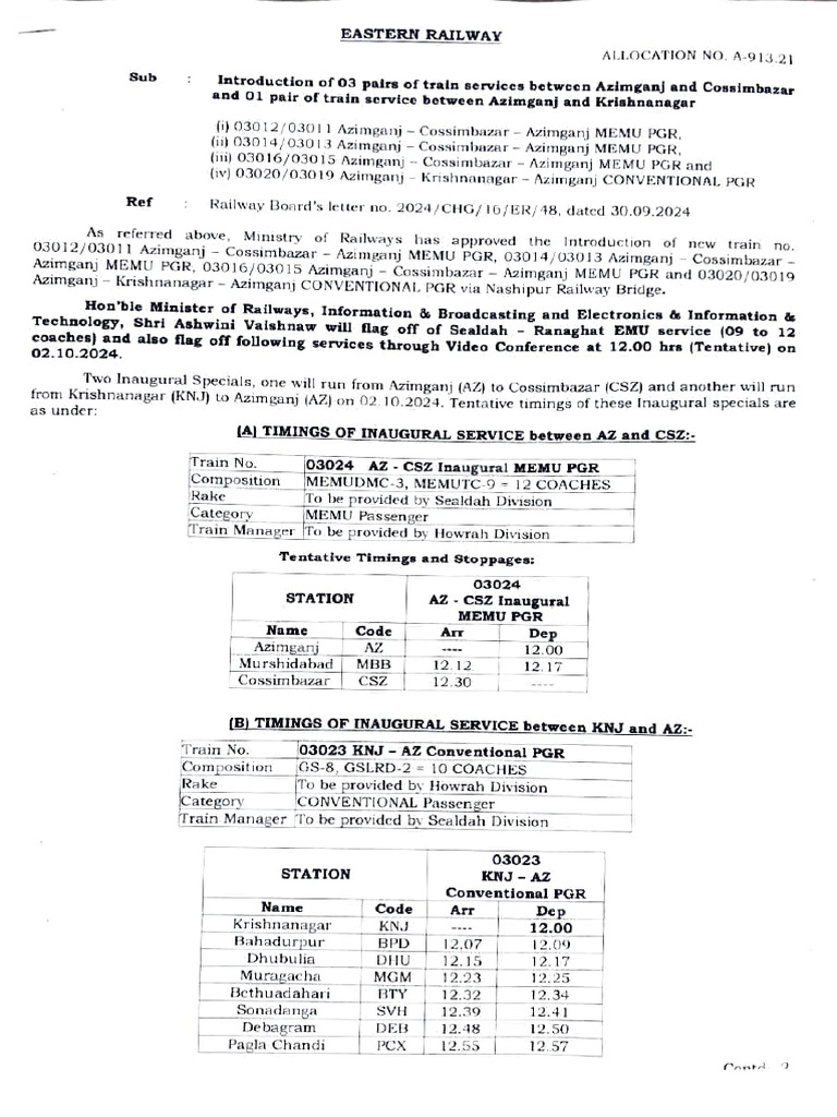 New Train Services: Azimganj-Krishnanagar | PDF | Rail Transport ...