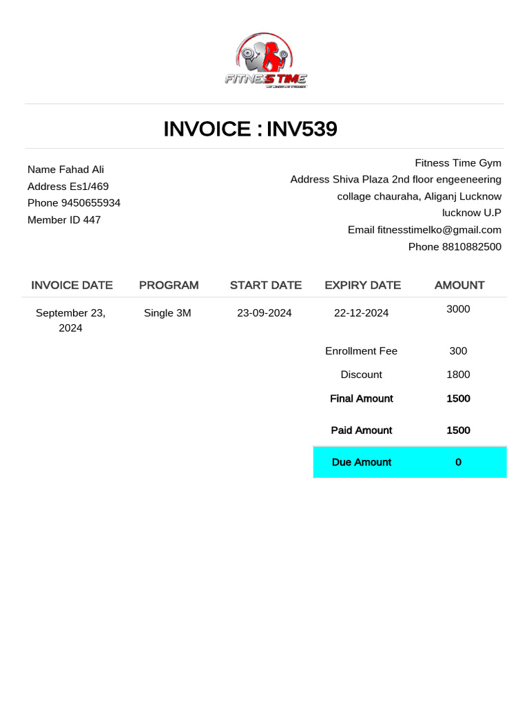 Fitness Time Gym Membership Invoice | PDF