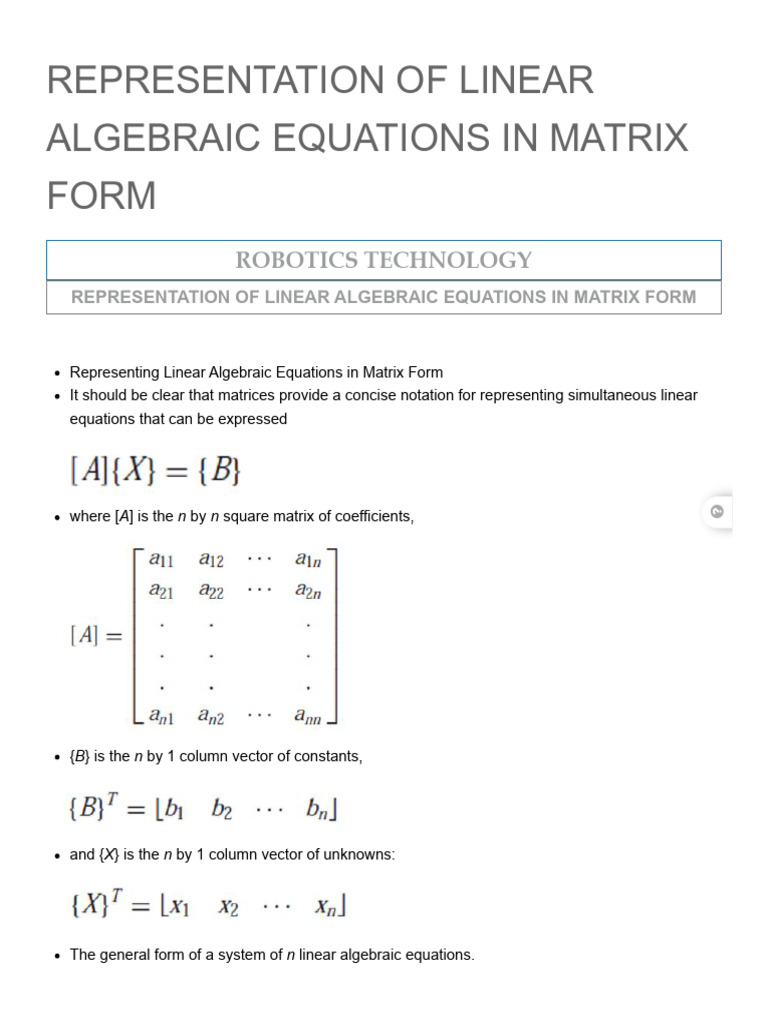 Representation of Linear Algebraic Equations in Matrix Form - Ecen-E6 ...