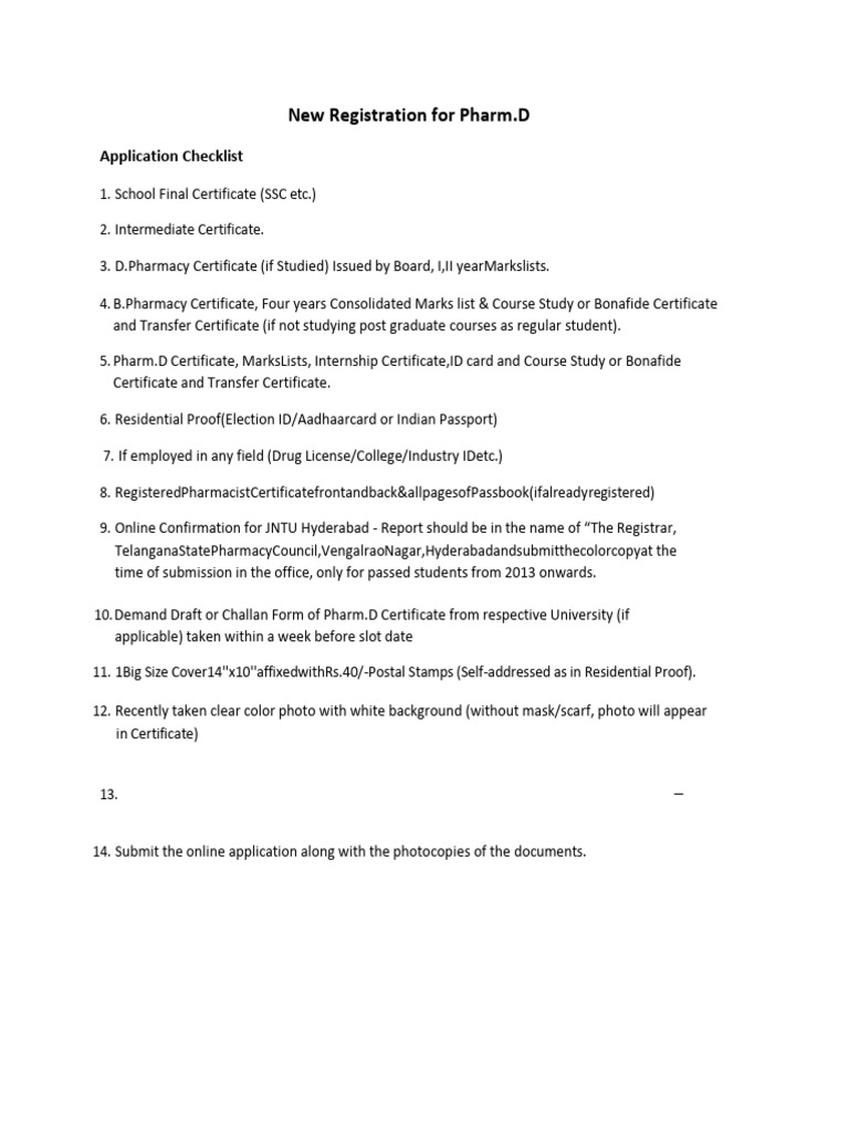 Pharm.D Registration Document Checklist | PDF