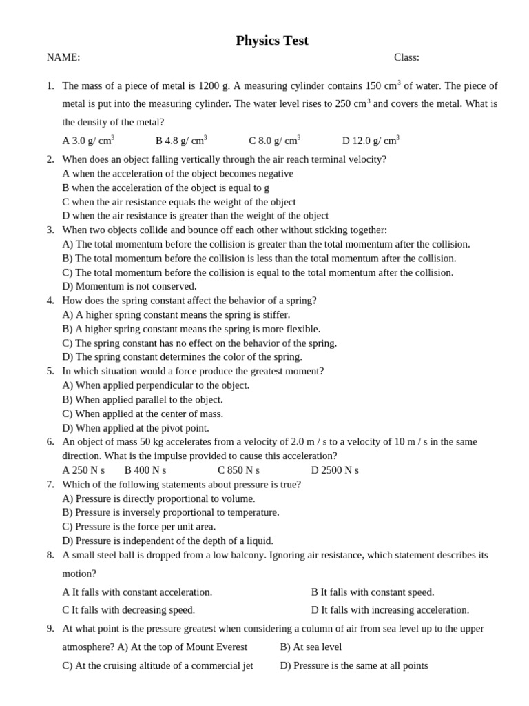 Physics Test 0703 | PDF
