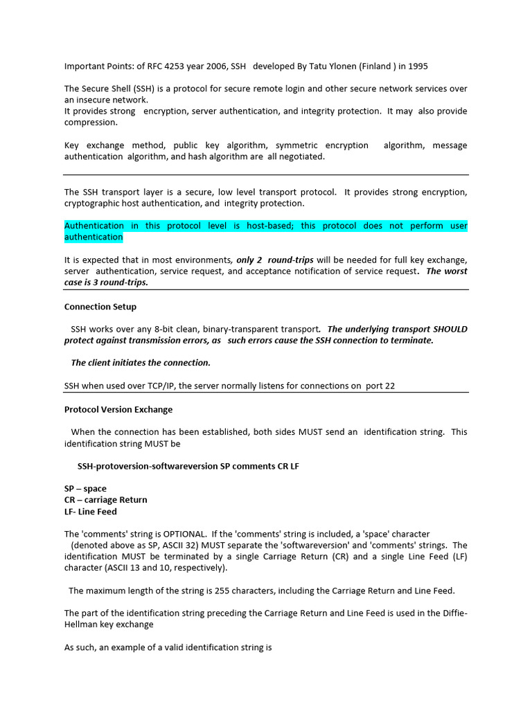 Overview of SSH Protocol Version 2 | PDF | Key (Cryptography) | Secure ...