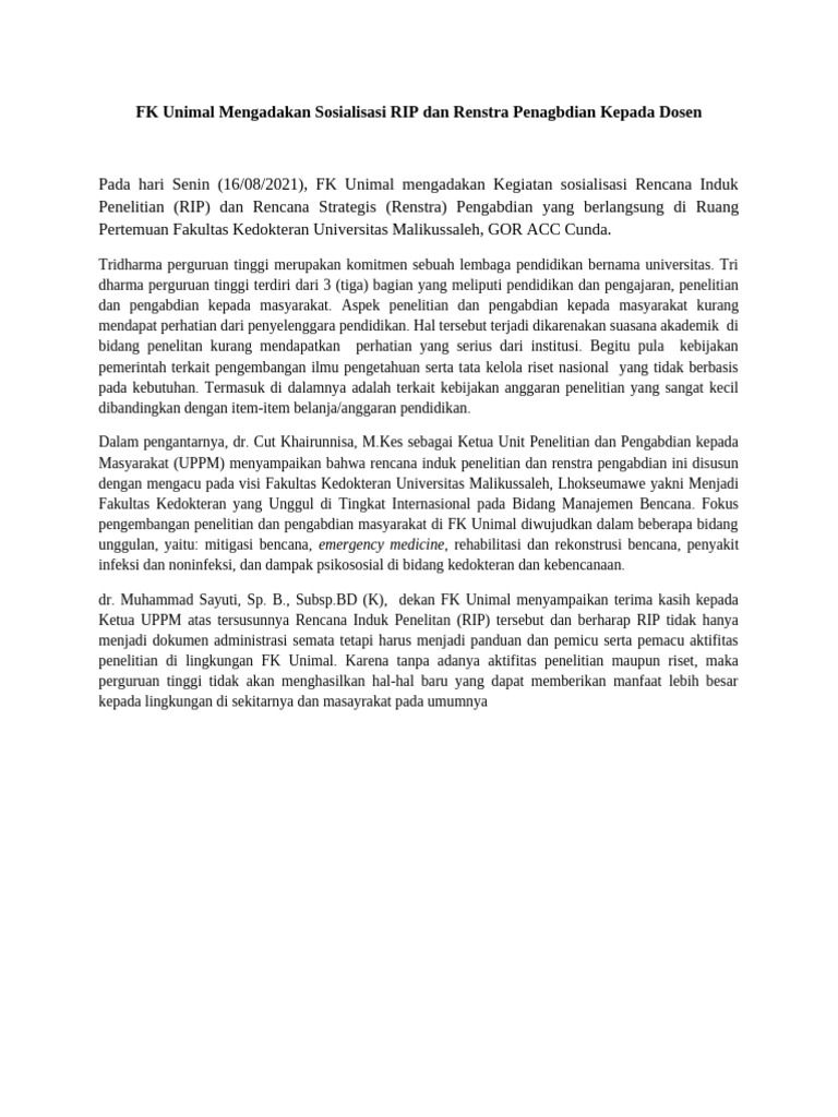 Berita Sosialisasi RIP Dan Renstra | PDF