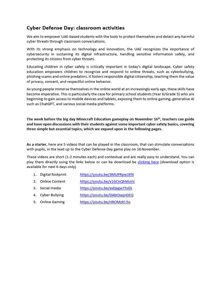 Classroom Activities and Videos - Cyber Defense Day ENG | PDF