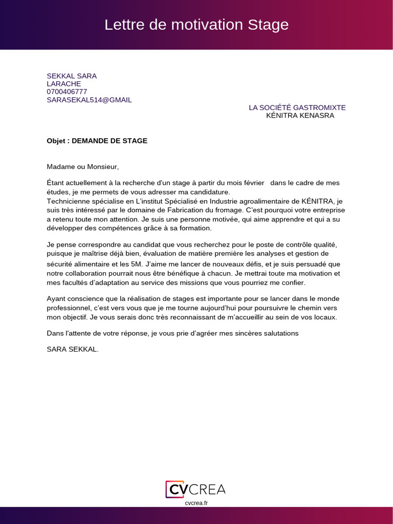 2 Lettre De Motivation Stage Exemple PDF