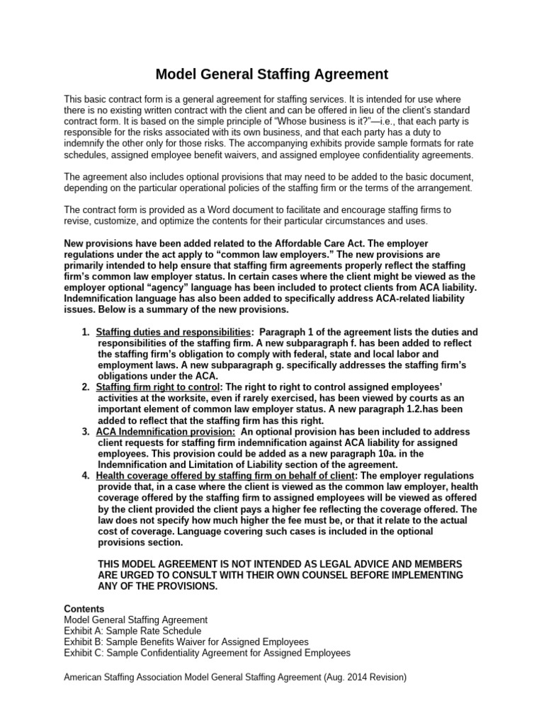 Asa Model Staffing Agreement Aca New Update | PDF