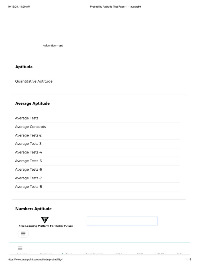Probability aptitude test paper 1 javatpoint pdf science