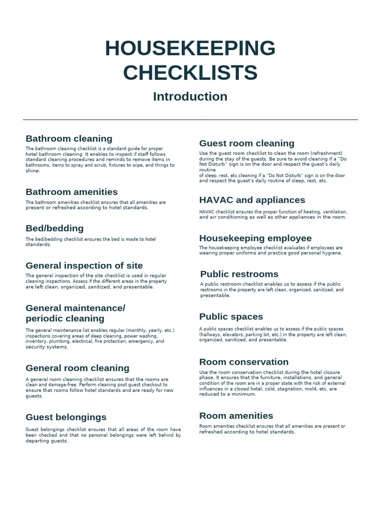 Hotel Housekeeping Checklists Guide | PDF | Shower | Bathroom