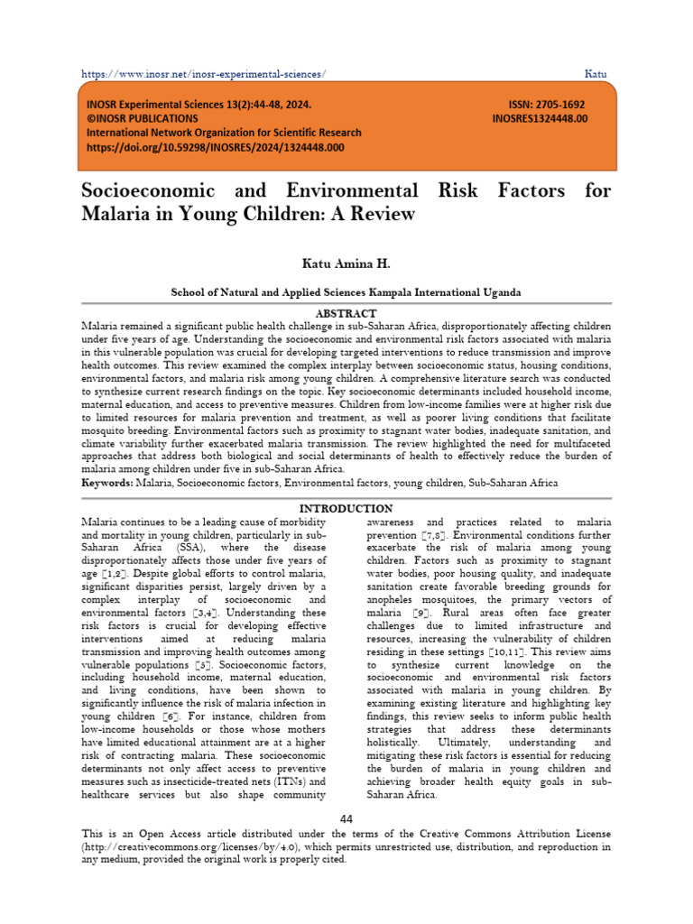 Socioeconomic and Environmental Risk Factors For Malaria in Young ...