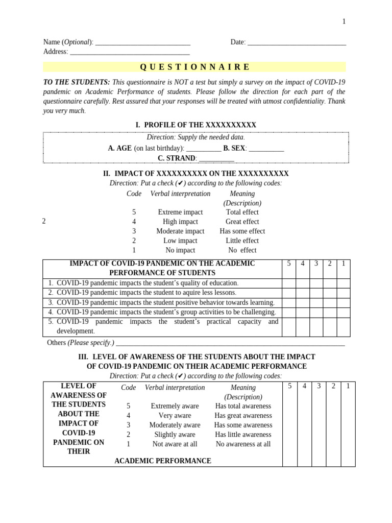 BLANK Back-To-back QUESTIONNAIRE Template For 'IMPACT of - On ...