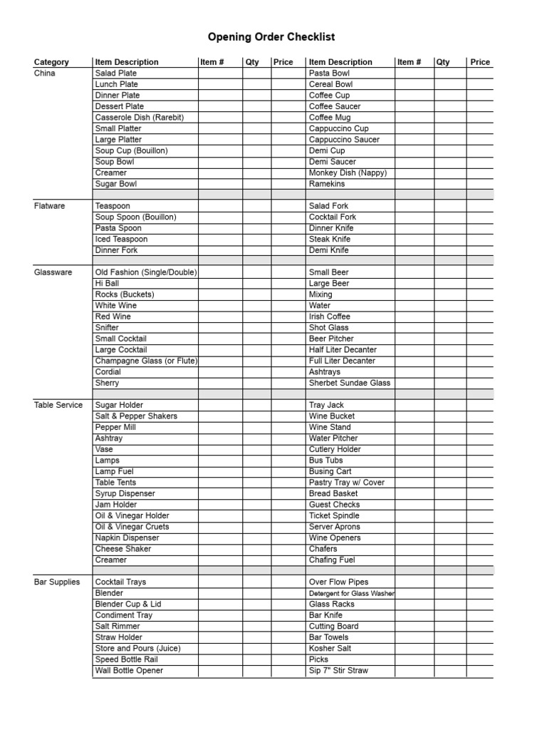 Restaurant Opening Order - C&C Checklist | PDF