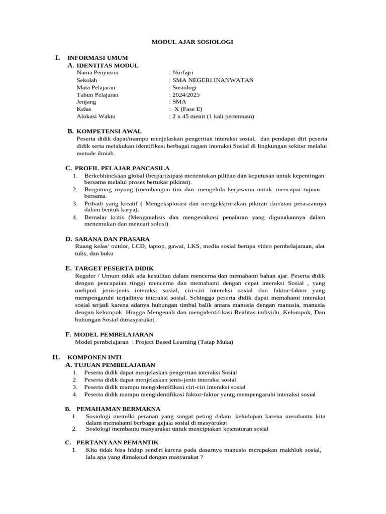 Modul Ajar Sosiologi Modul Ajar Sosiologi Kelas X Fungsi Sosiologi
