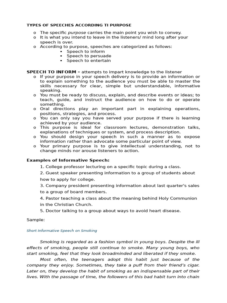 Types of Speeches According To Purpose | PDF | Tobacco Smoking | Career ...