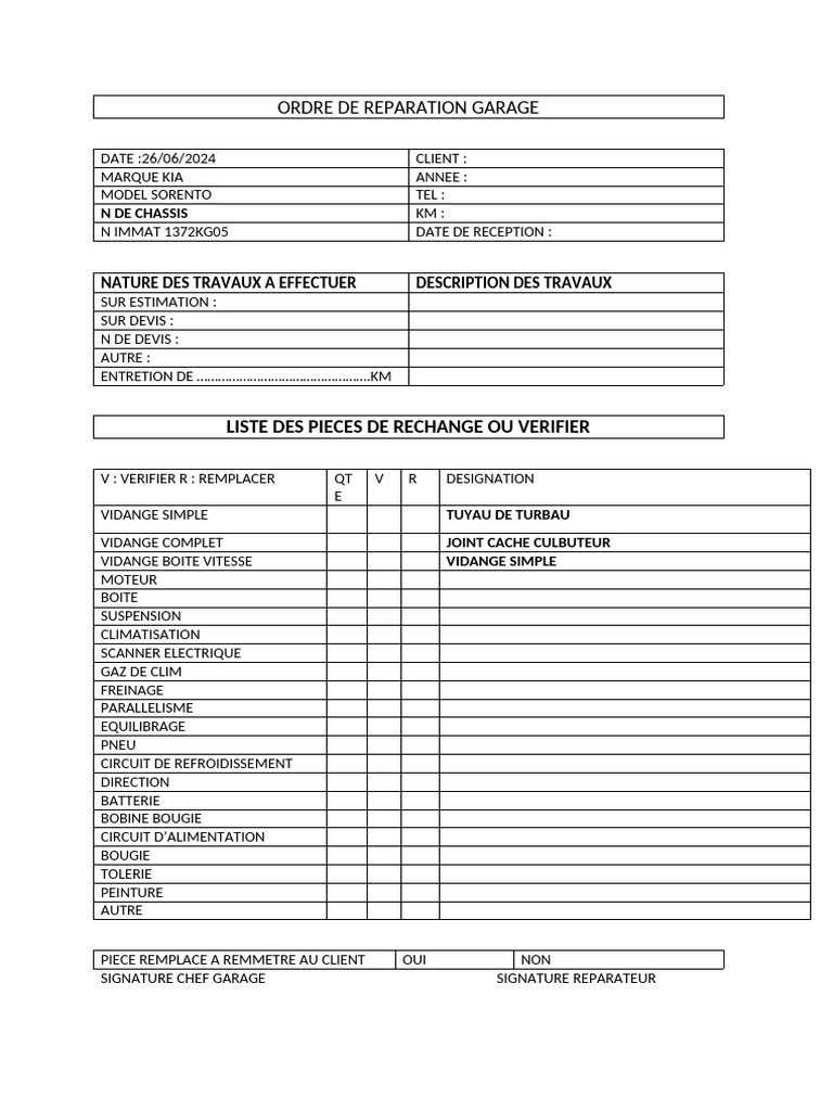 Ordre de Reparation Garage | PDF