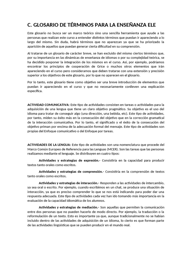 C. Glosario de Términos ELE | PDF | Comunicación | Artes del Lenguaje y ...