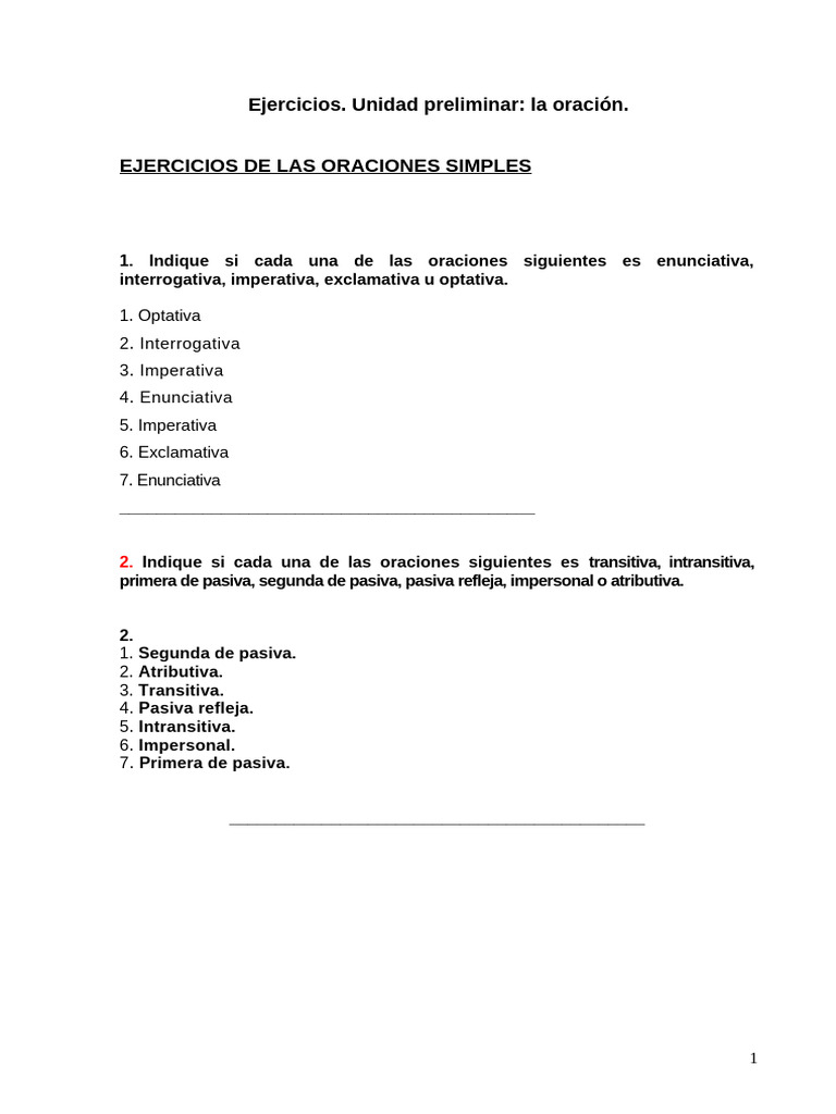 Ejercicios De Las Oraciones Con Respuestas Pdf
