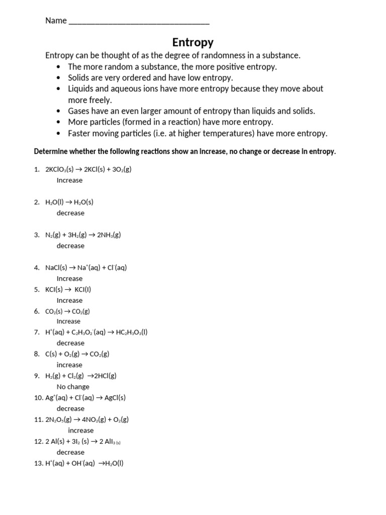 Worksheet - Entropy | PDF