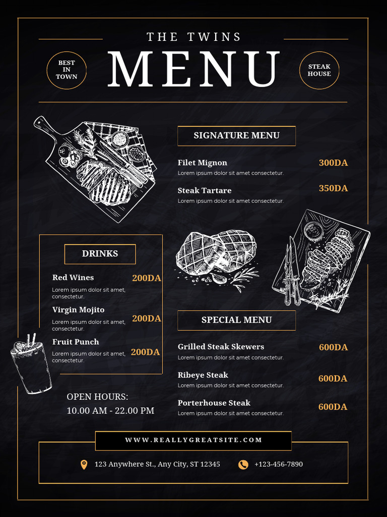 Black Chalkboard Texture Restaurant Steak Menu (Portrait) | PDF