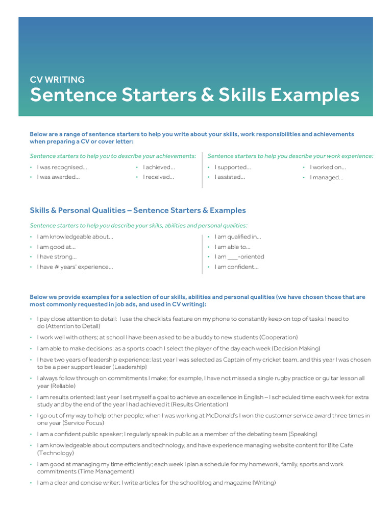 Sentence Starters Examples PDF