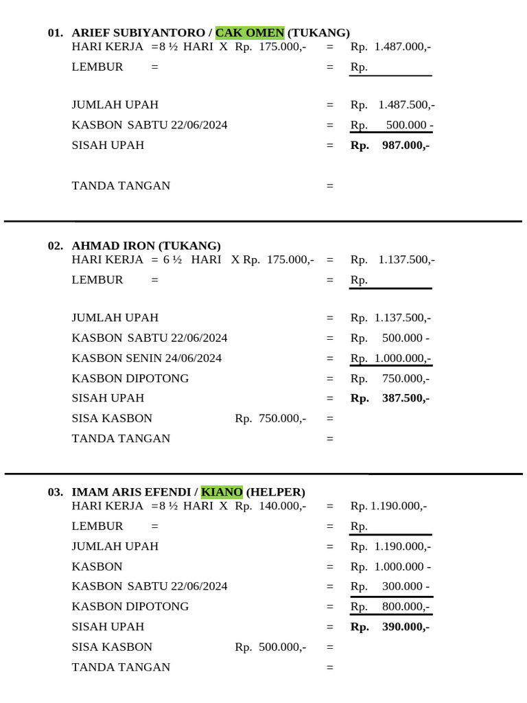 29-06-2024 Slip Upah Pekerja Harian | PDF
