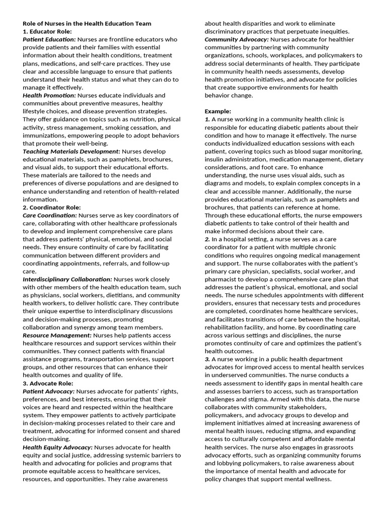 Key Roles of Nurses in Health Education | PDF | Nursing | Health Care