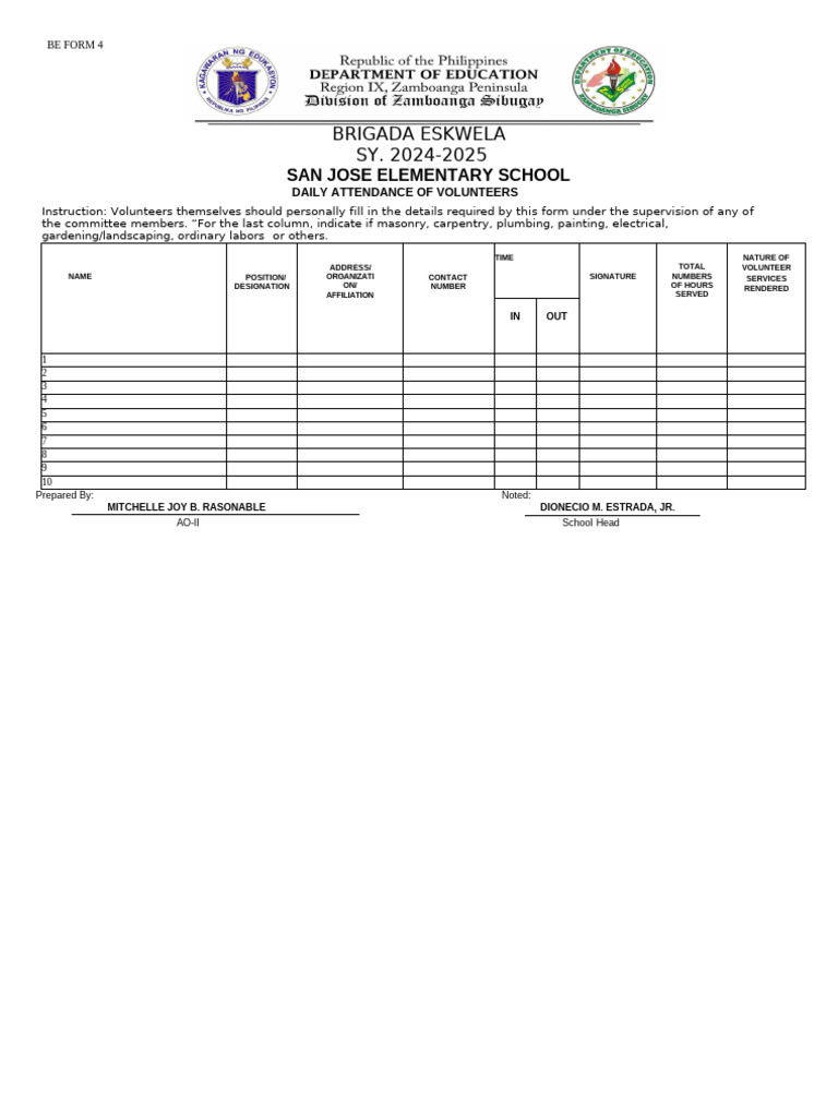 BS Form 4 Daily Attendance of Volunteer | PDF