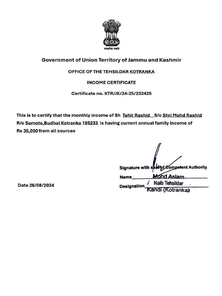 Income certificate tr pdf