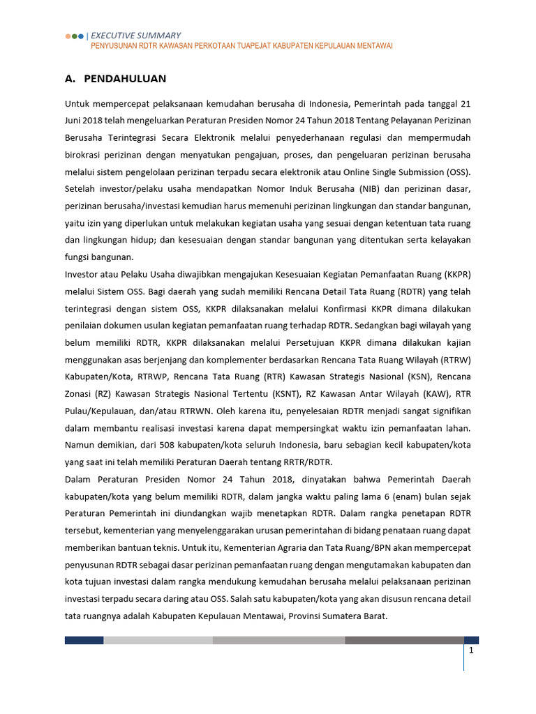 Exsum RDTR Oss Kab Kepulauan Mentawai - 28122021 | PDF