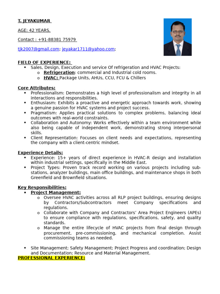 Jeyakumar Resume 2024Anotech Refrigeration & Hvac Engineer PDF